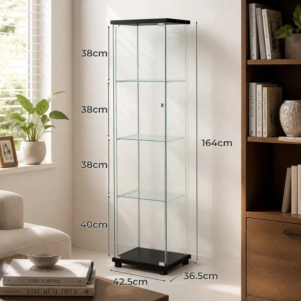 Glass Display Cabinet Tempered Glass MDF 4-Tier Black