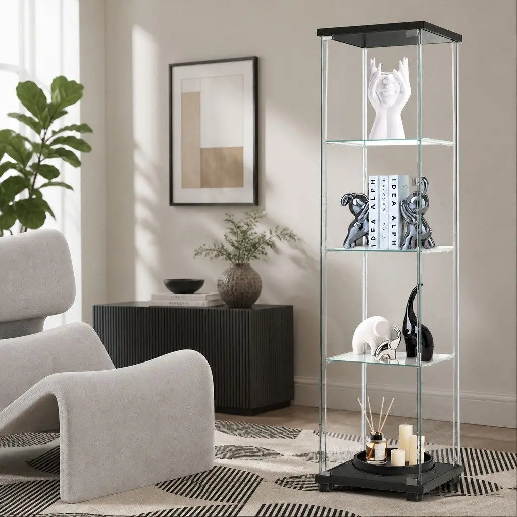 Glass Display Cabinet Tempered Glass MDF 4-Tier Black