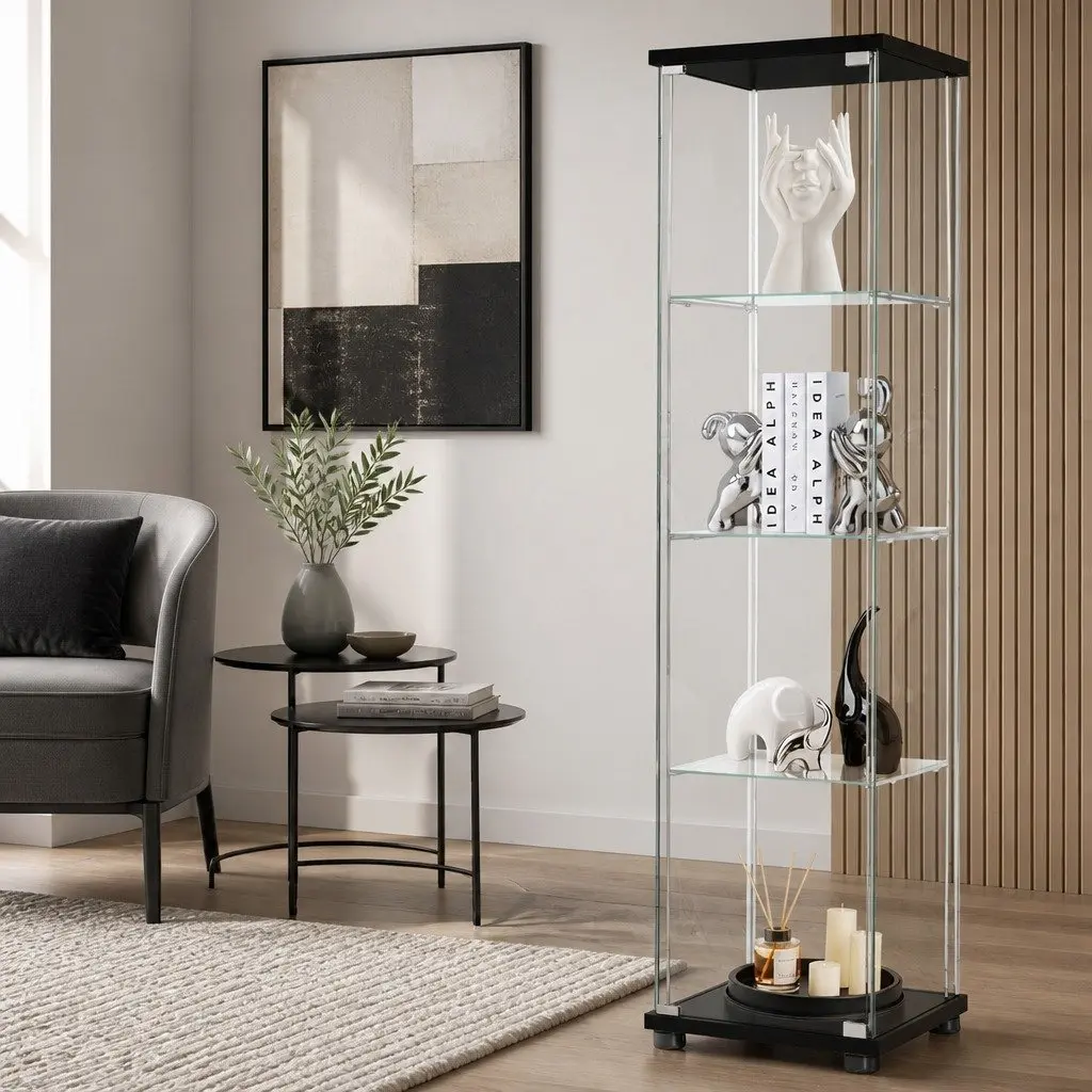 Glass Display Cabinet Tempered Glass MDF 4-Tier Black