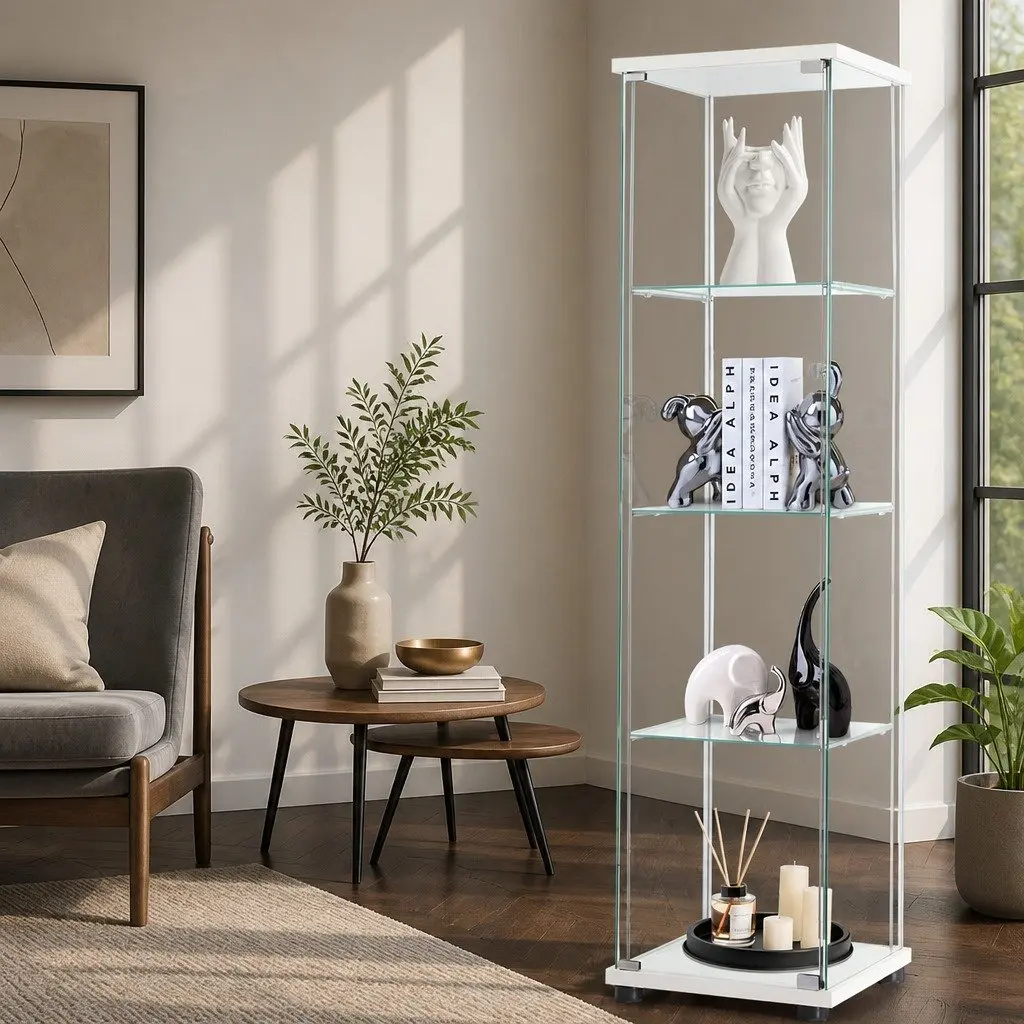 4-Tier Tempered Glass Storage Cabinet in White