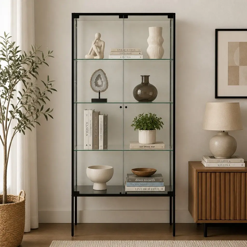 Glass Display Cabinet Tempered Glass 160cm Black Steel Frame 4 Tier