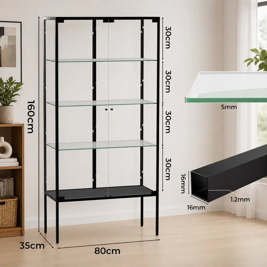 Glass Display Cabinet Tempered Glass 160cm Black Steel Frame 4 Tier