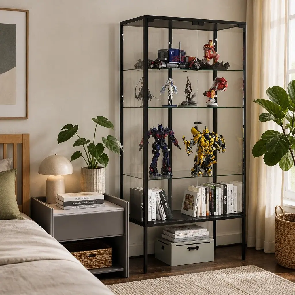 Glass Display Cabinet Tempered Glass 160cm Black Steel Frame 4 Tier