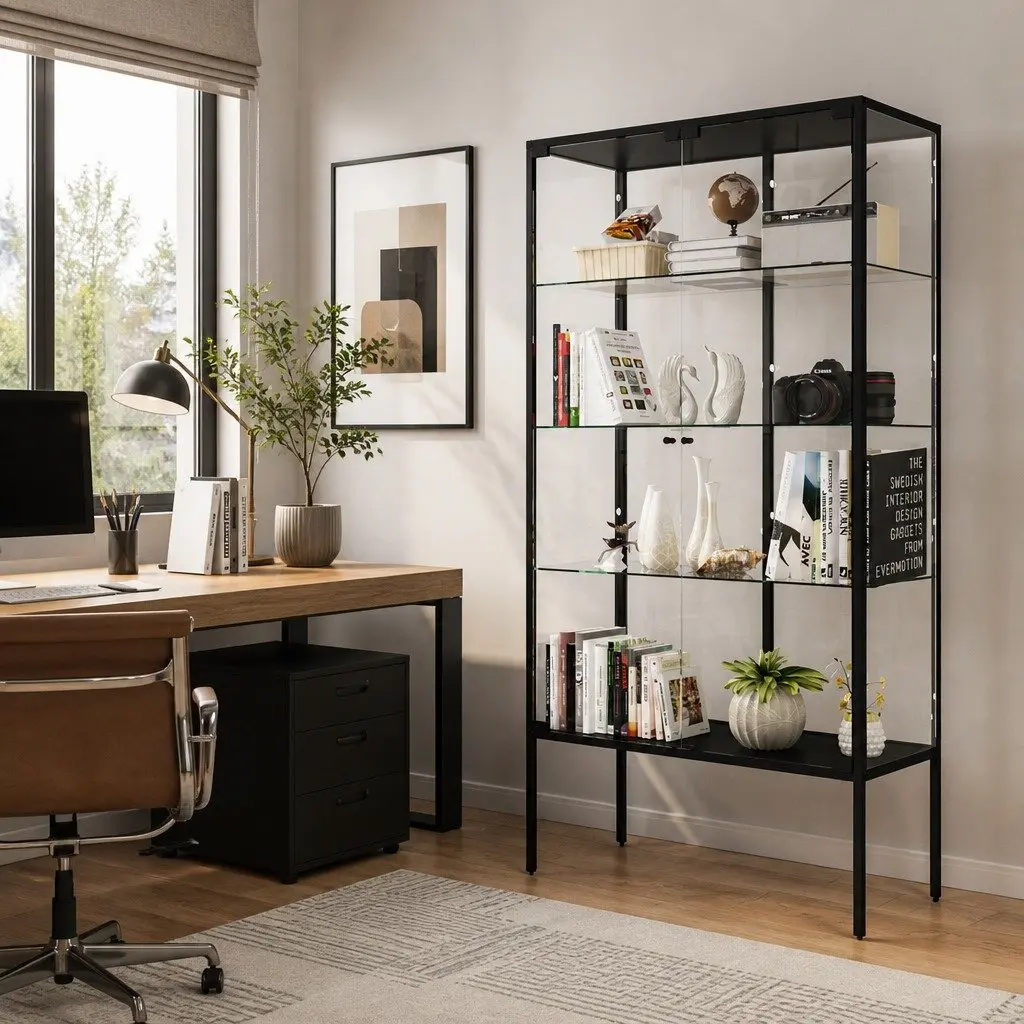Glass Display Cabinet Tempered Glass 160cm Black Steel Frame 4 Tier