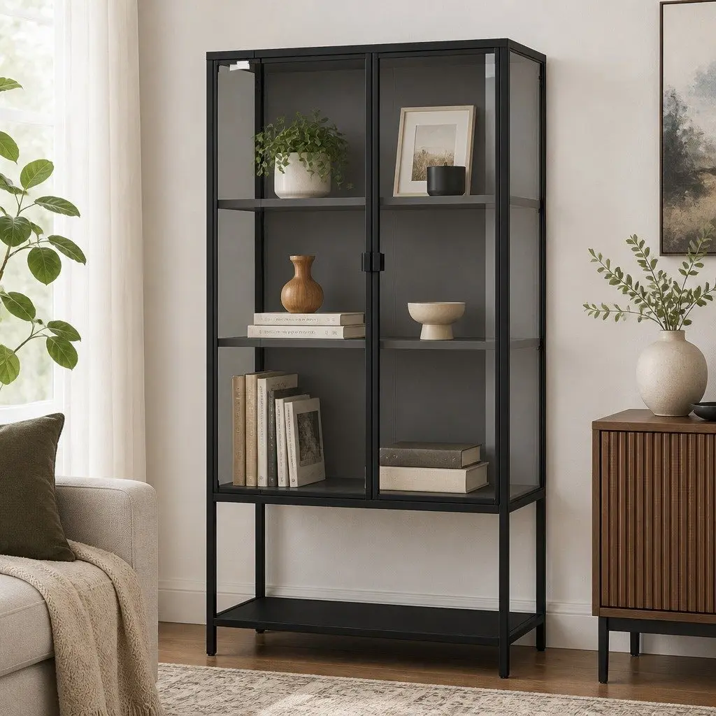 4-Tier Glass Display Cabinet with Adjustable Shelves