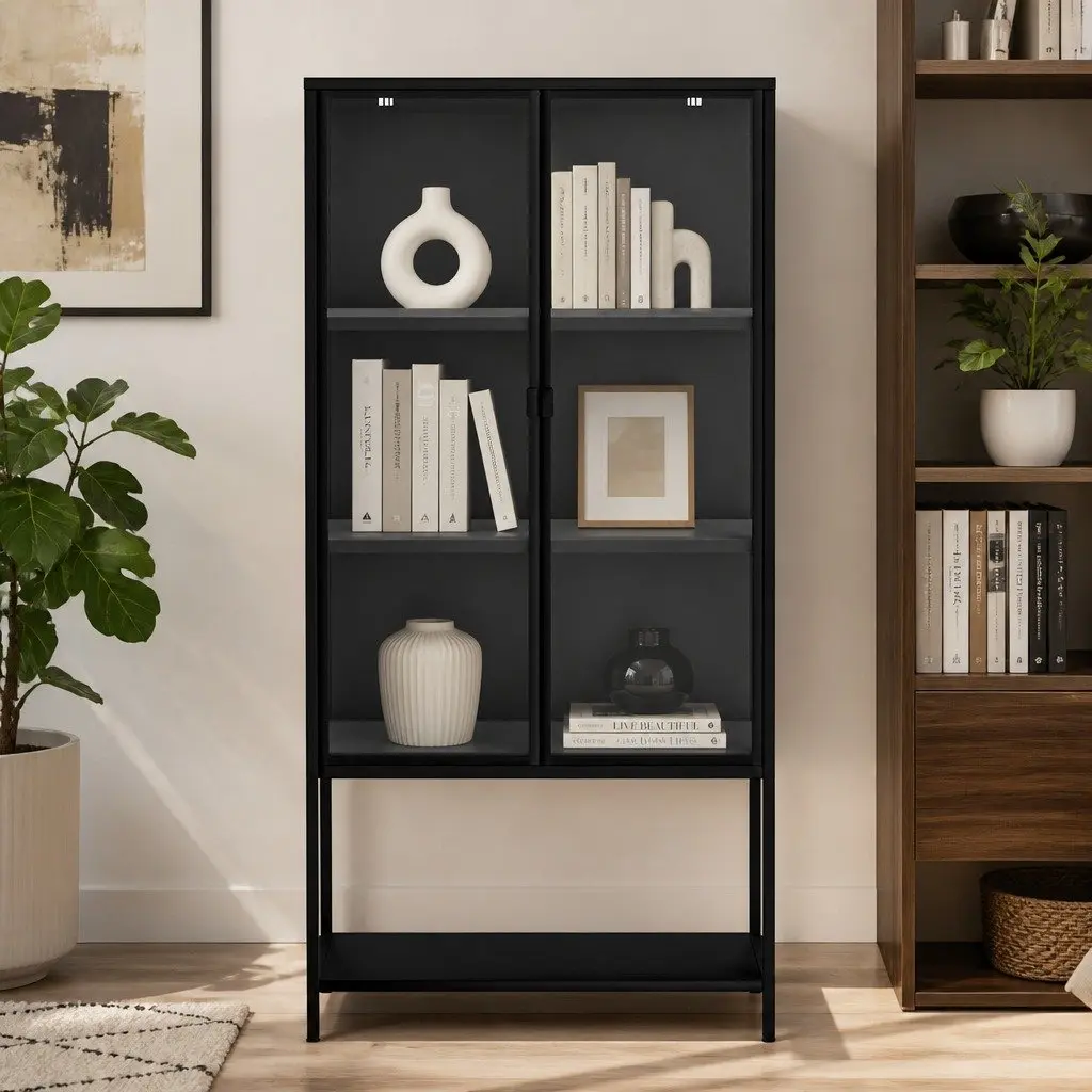 4 Tier Glass Display Cabinet Tempered Glass Black Cold Rolled Steel 80cm x 35cm x 160cm