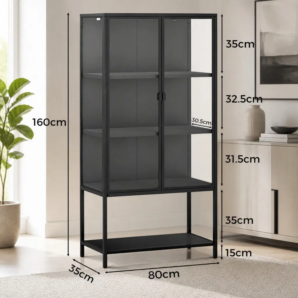 4 Tier Glass Display Cabinet Tempered Glass Black Cold Rolled Steel 80cm x 35cm x 160cm