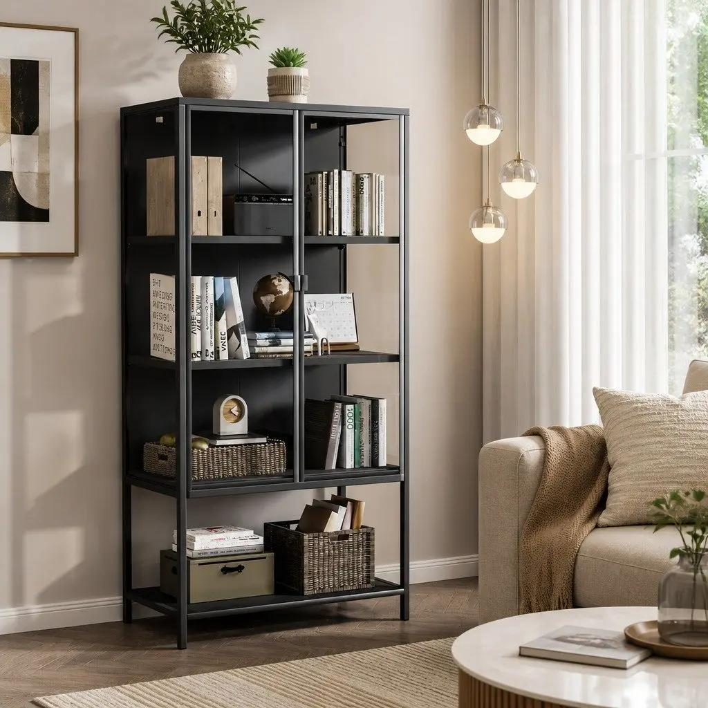 4 Tier Glass Display Cabinet Tempered Glass Black Cold Rolled Steel 80cm x 35cm x 160cm