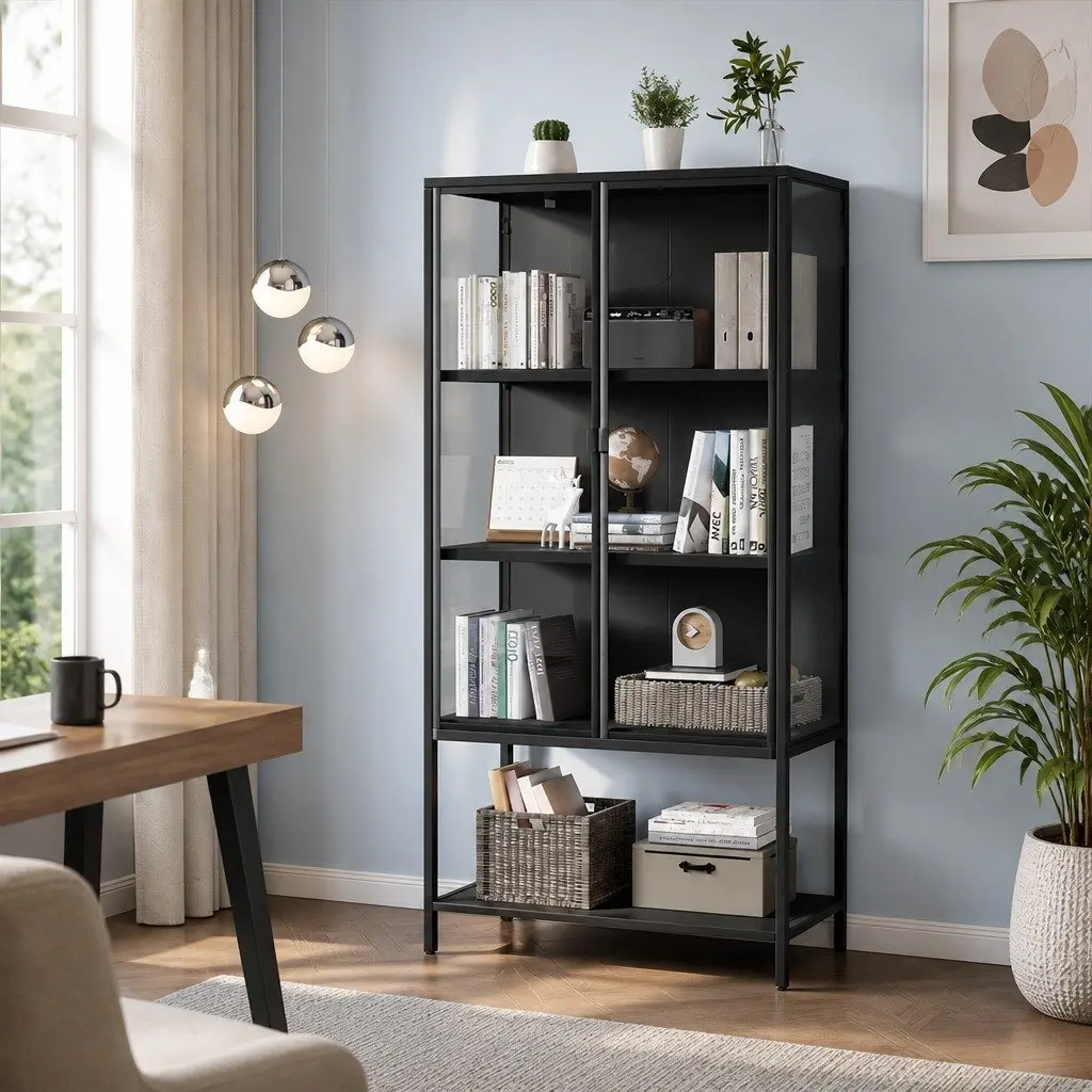 4 Tier Glass Display Cabinet Tempered Glass Black Cold Rolled Steel 80cm x 35cm x 160cm