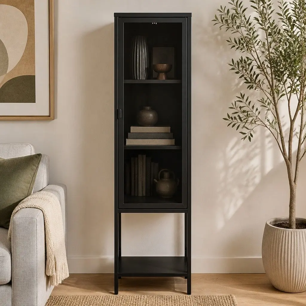 Glass Display Cabinet Tempered Glass 4 Tier Black