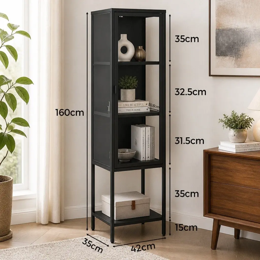 Glass Display Cabinet Tempered Glass 4 Tier Black