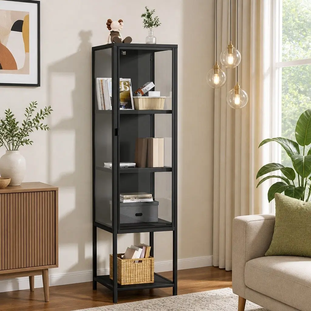 Glass Display Cabinet Tempered Glass 4 Tier Black