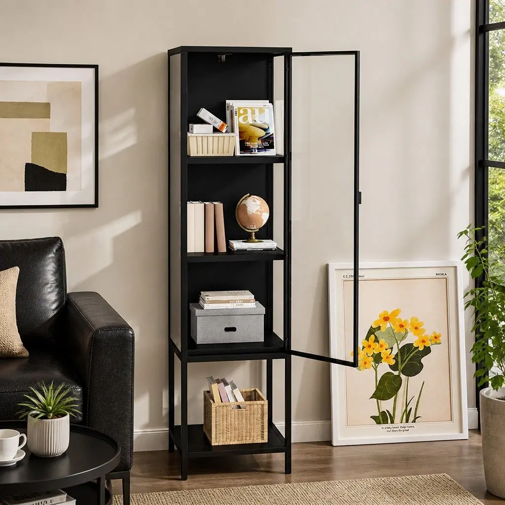 Glass Display Cabinet Tempered Glass 4 Tier Black