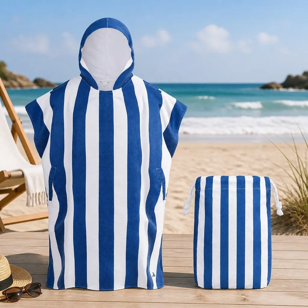 Hooded Poncho Towel Quick Dry Polyester Small Medium Large Whitsunday Blue