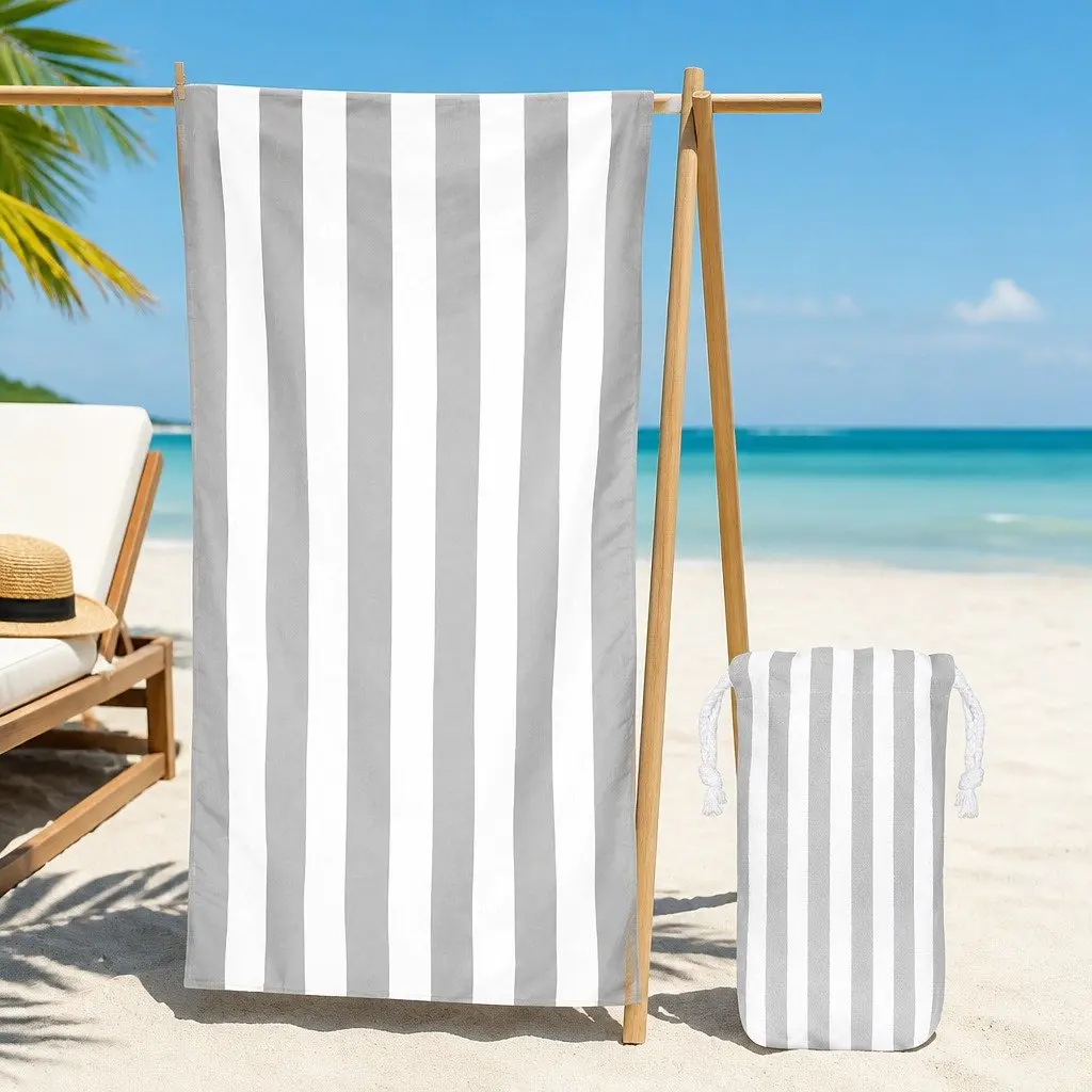 Extra Large Quick Dry Beach Towel Polyester Goa Grey Cabana Striped Pattern