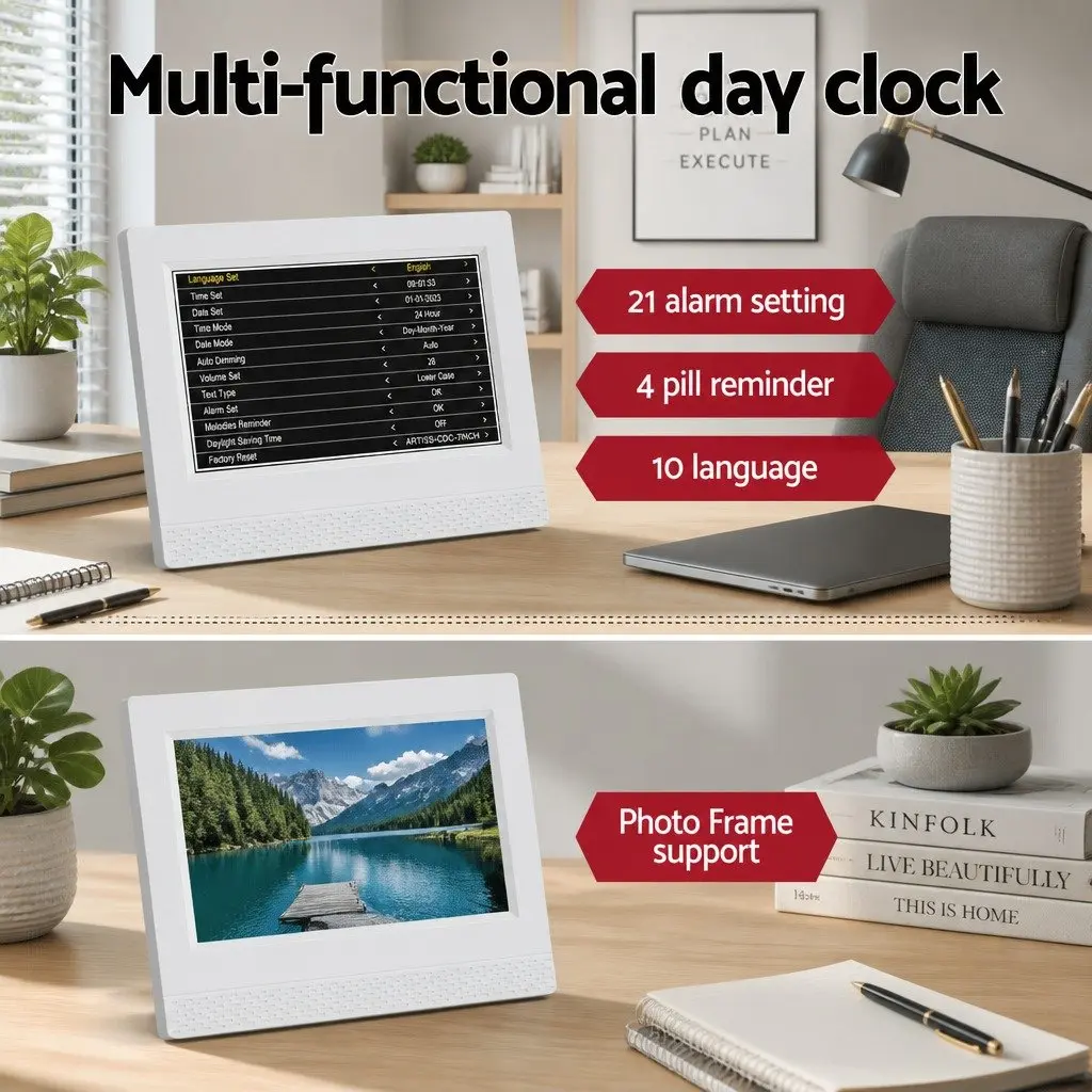 Digital Day Clock LCD 7 Inch White