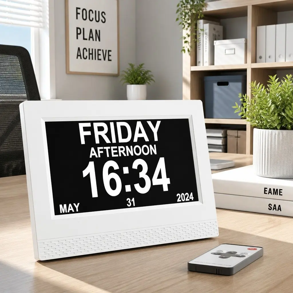 Digital Day Clock LCD 7 Inch White