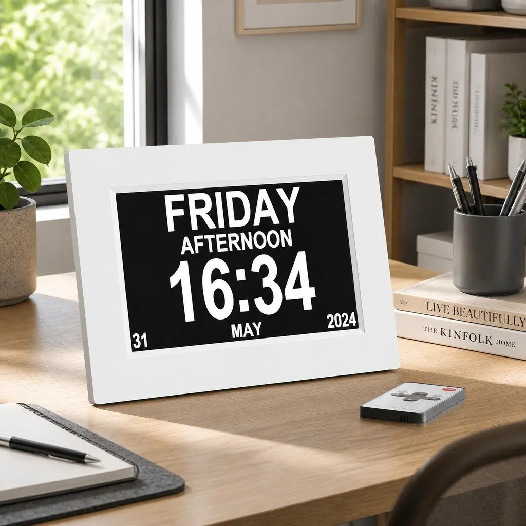 Digital Day Clock ABS Plastic 8 Inch LCD White