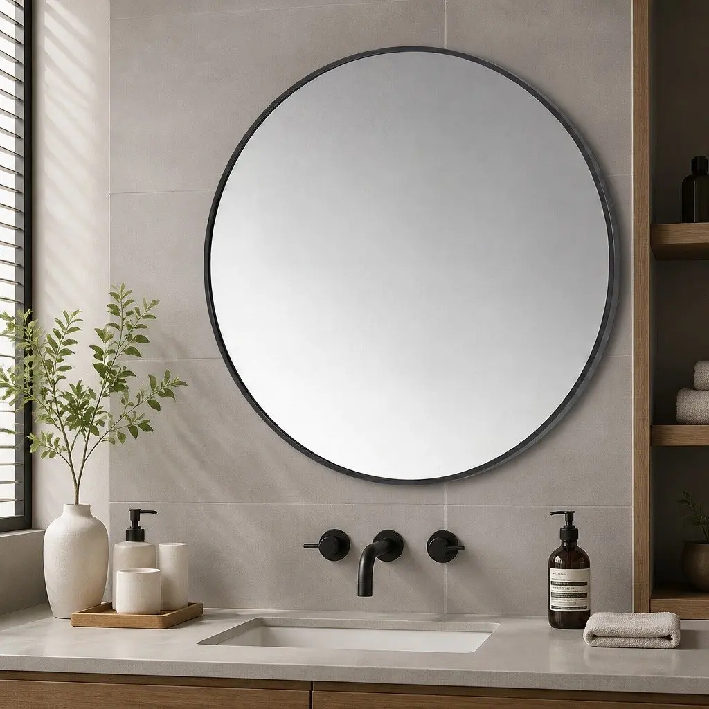 60cm Round Bathroom Wall Mirror with Durable Black Frame