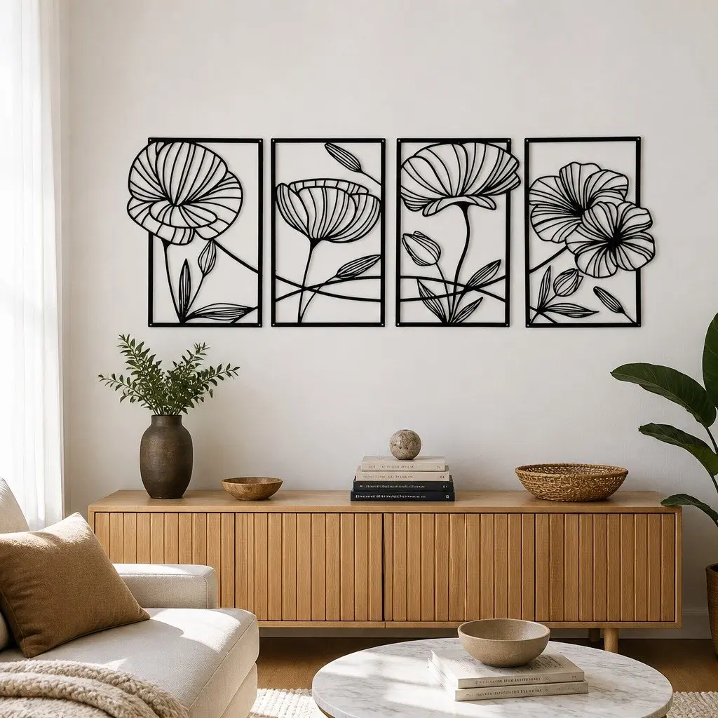 4-Piece Metal Wall Art Set with Unique Floral Designs