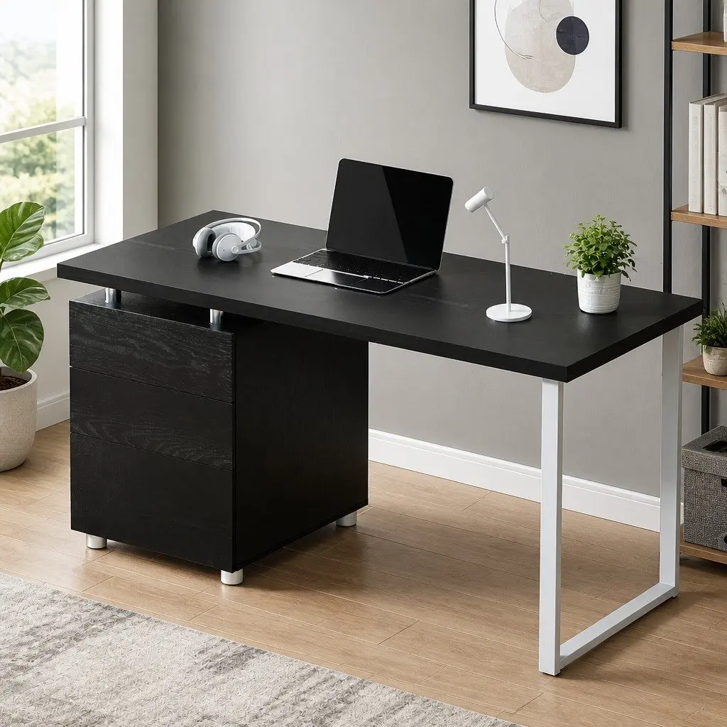 Computer Desk with 3 Drawers Black Office Workstation 140cm Wide Study Table