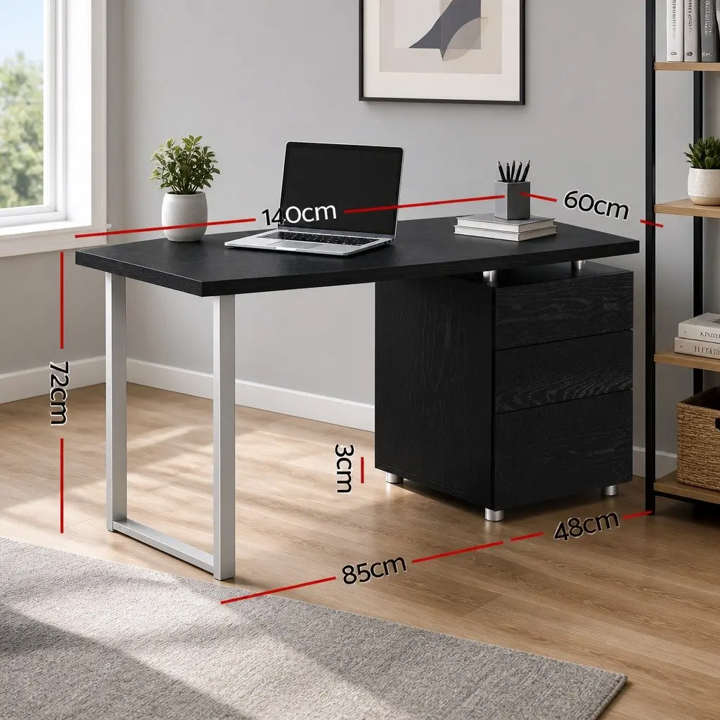 Computer Desk with 3 Drawers Black Office Workstation 140cm Wide Study Table