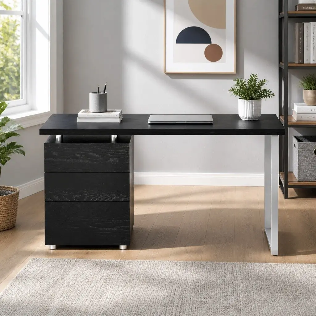 Computer Desk with 3 Drawers Black Office Workstation 140cm Wide Study Table