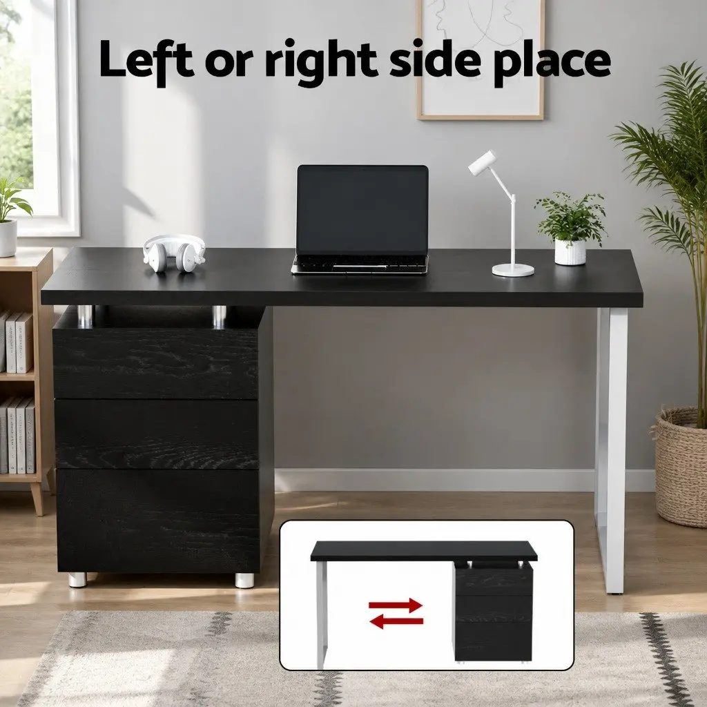 Computer Desk with 3 Drawers Black Office Workstation 140cm Wide Study Table