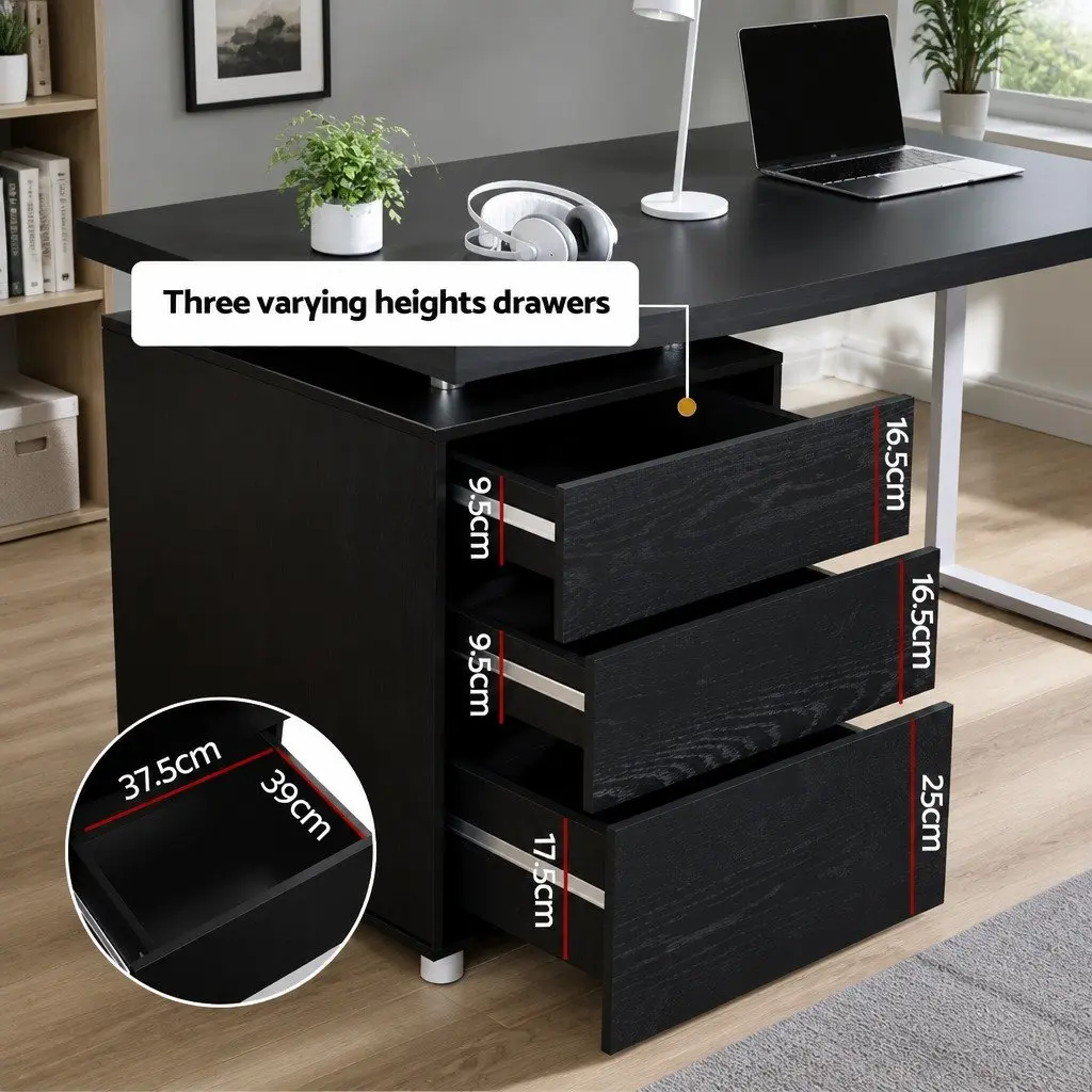 Computer Desk with 3 Drawers Black Office Workstation 140cm Wide Study Table
