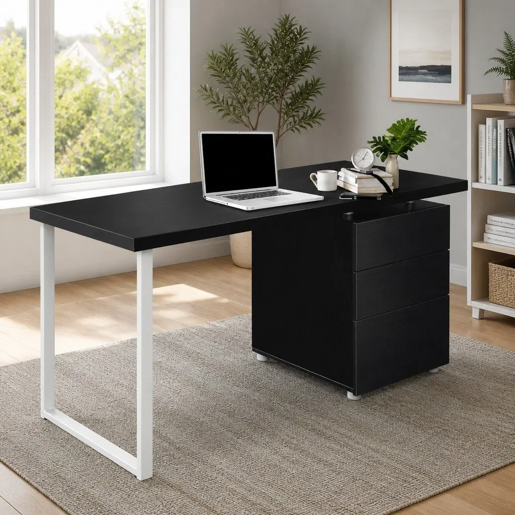 Computer Desk with 3 Drawers Black Office Workstation 140cm Wide Study Table