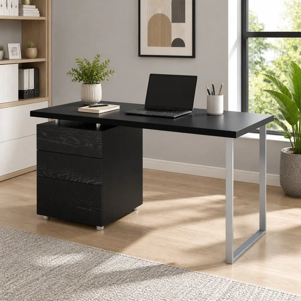 Computer Desk with 3 Drawers Black Office Workstation 140cm Wide Study Table