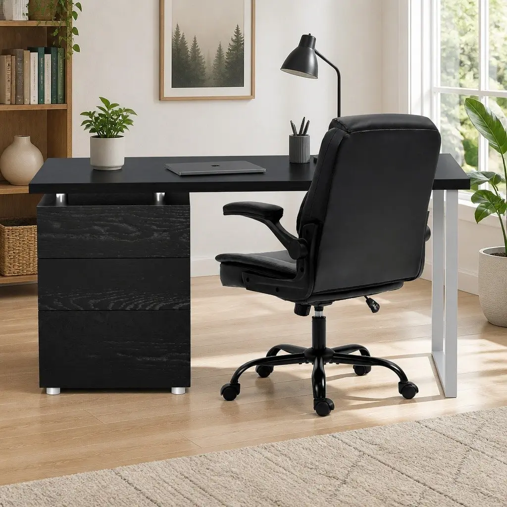 Office Chair and Computer Desk Set Black Executive Workstation Combo Pack