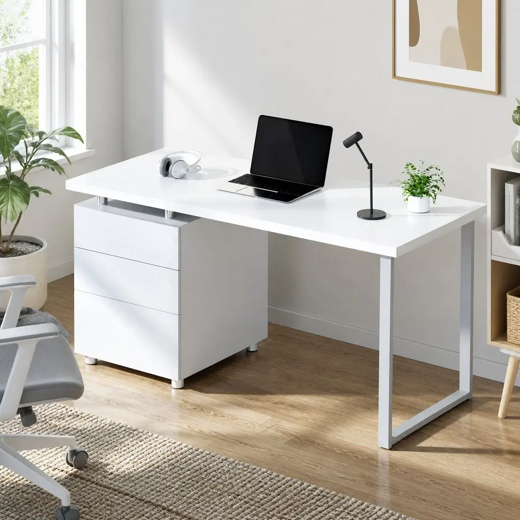 White Computer Desk with 3 Drawers 140cm