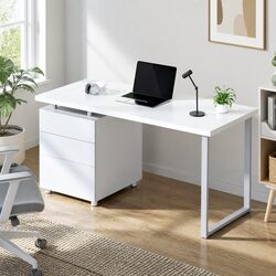 Sturdy White Computer Desk with 3 Drawers 140cm