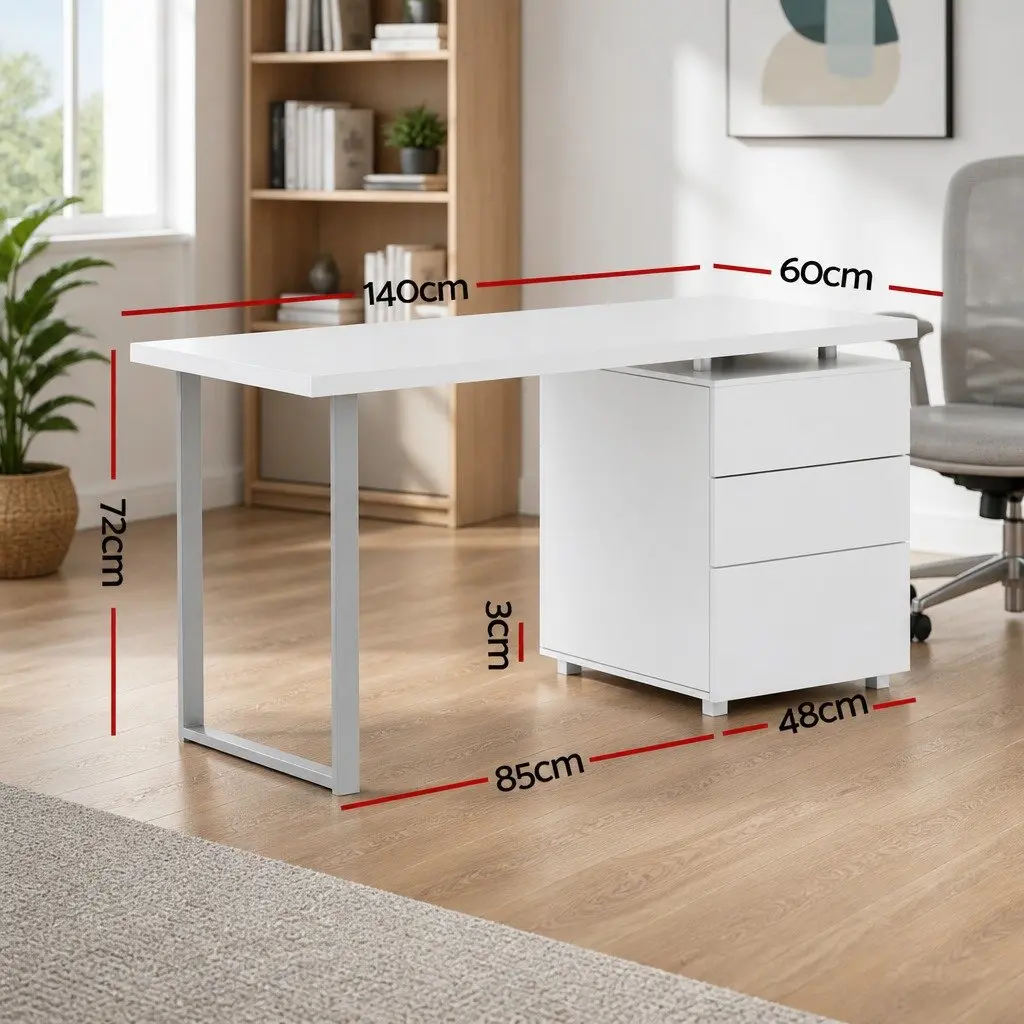 White Computer Desk with 3 Drawers 140cm