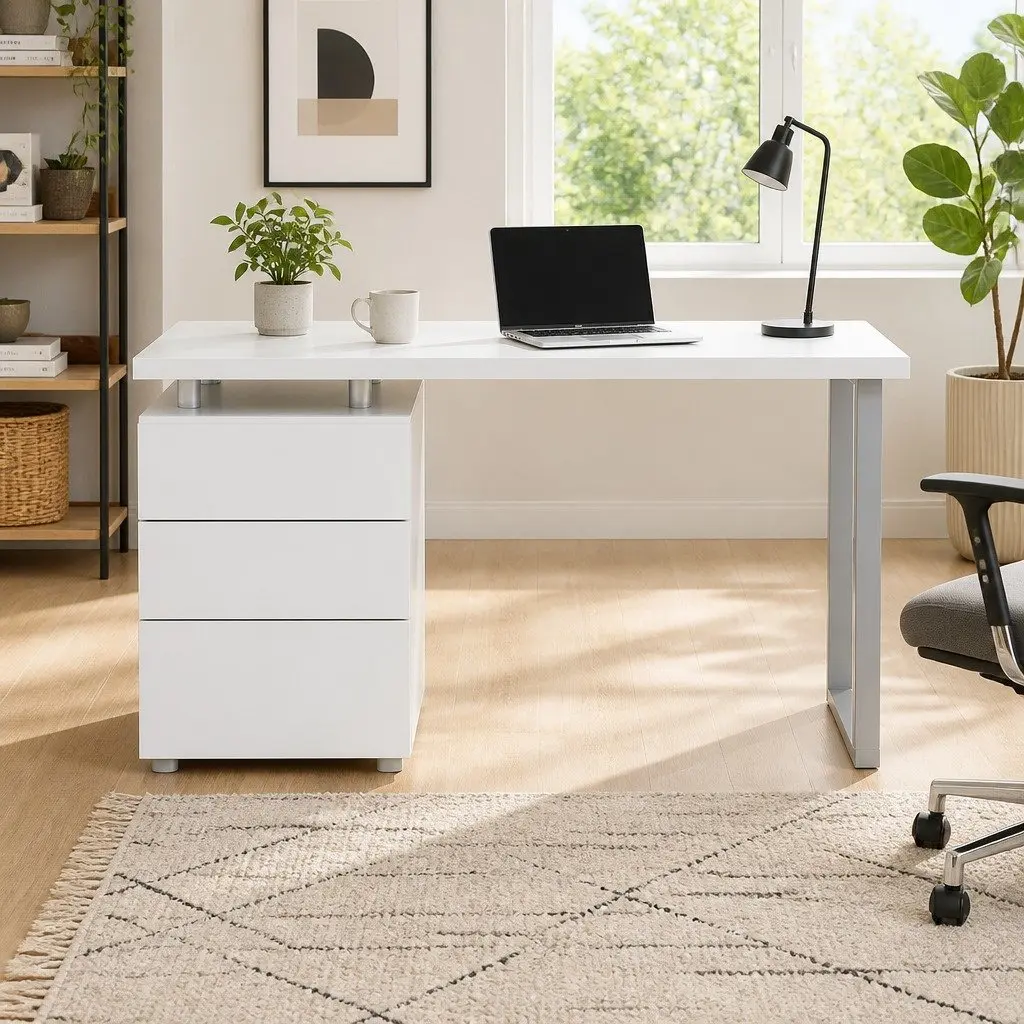 White Computer Desk with 3 Drawers 140cm