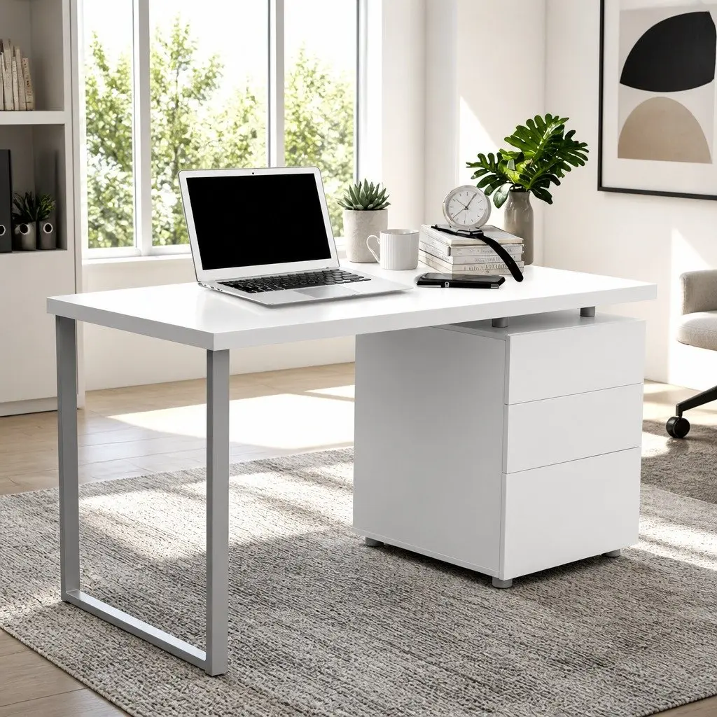 White Computer Desk with 3 Drawers 140cm