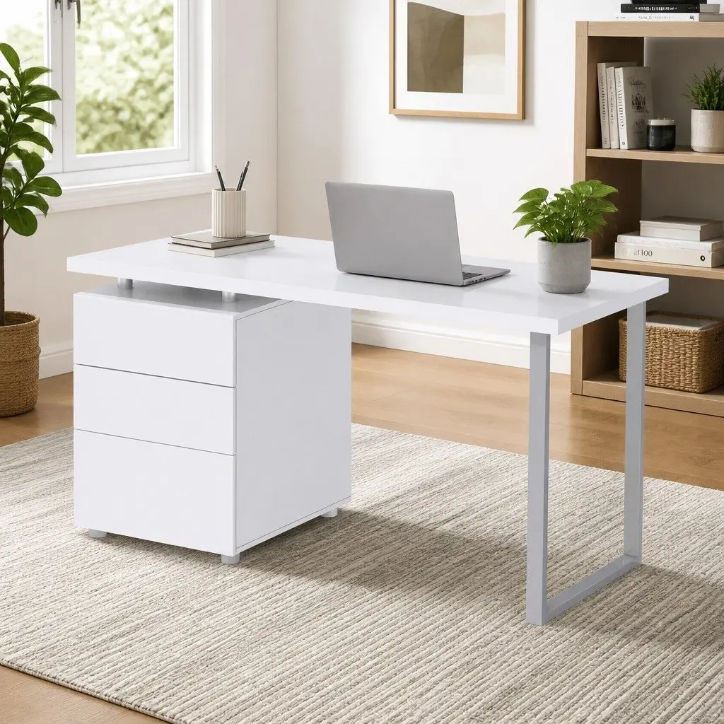 White Computer Desk with 3 Drawers 140cm