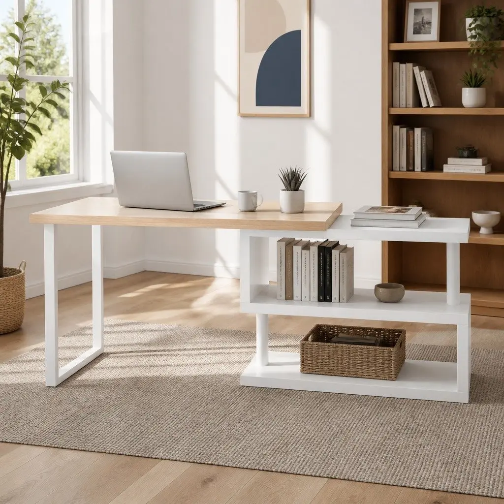 Computer Desk with Rotatable Bookshelf for Work