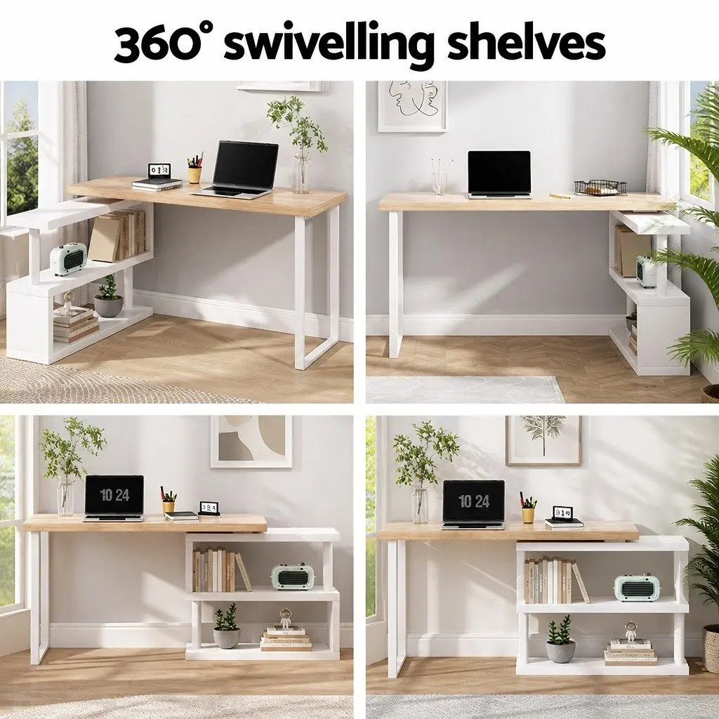 Computer Desk with Rotatable Bookshelf for Work
