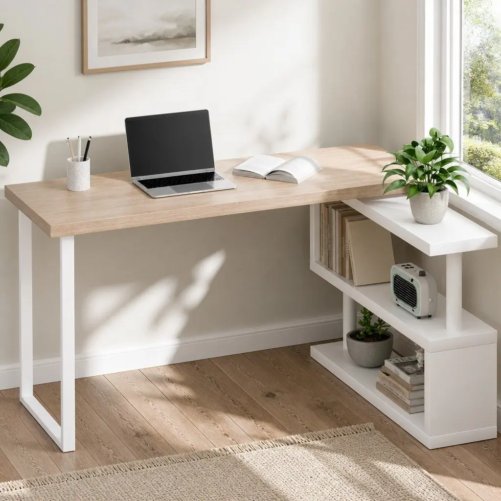 Computer Desk with Rotatable Bookshelf for Work