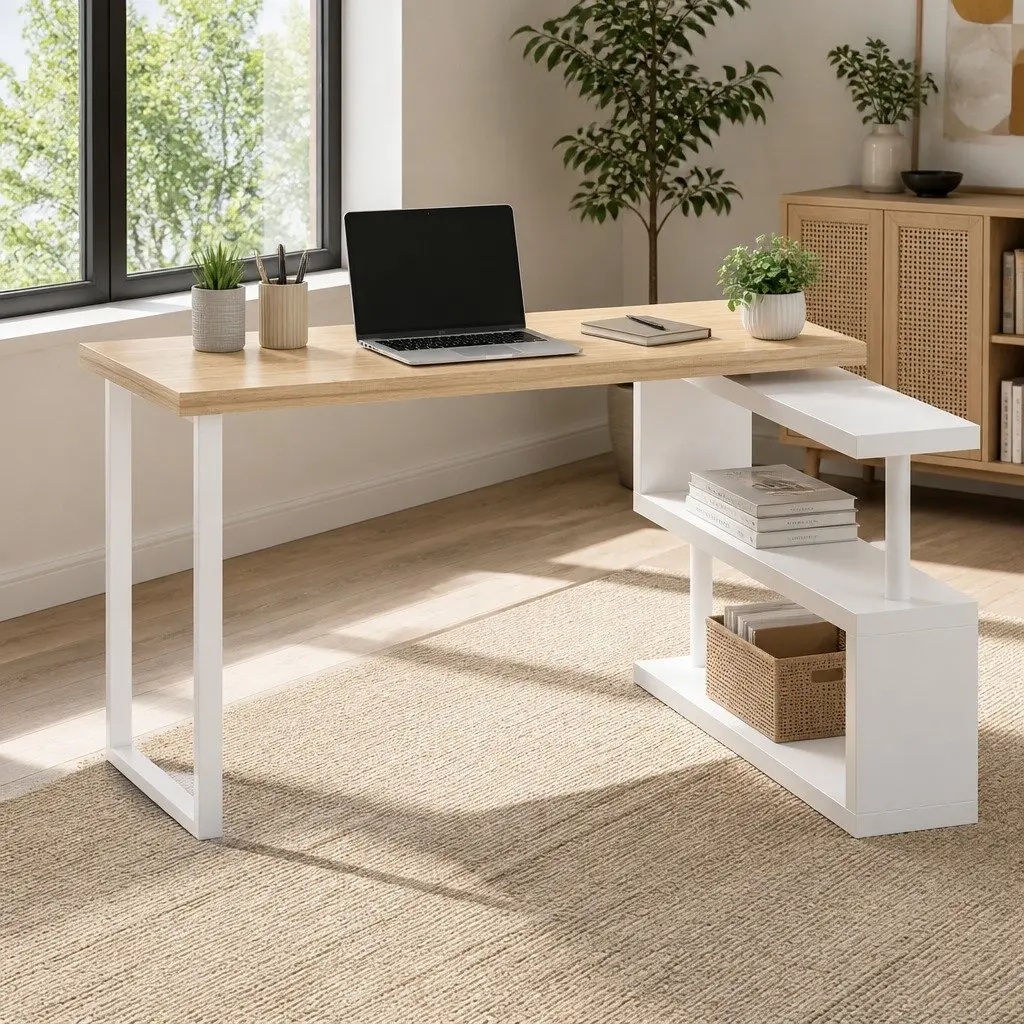 Computer Desk with Rotatable Bookshelf for Work