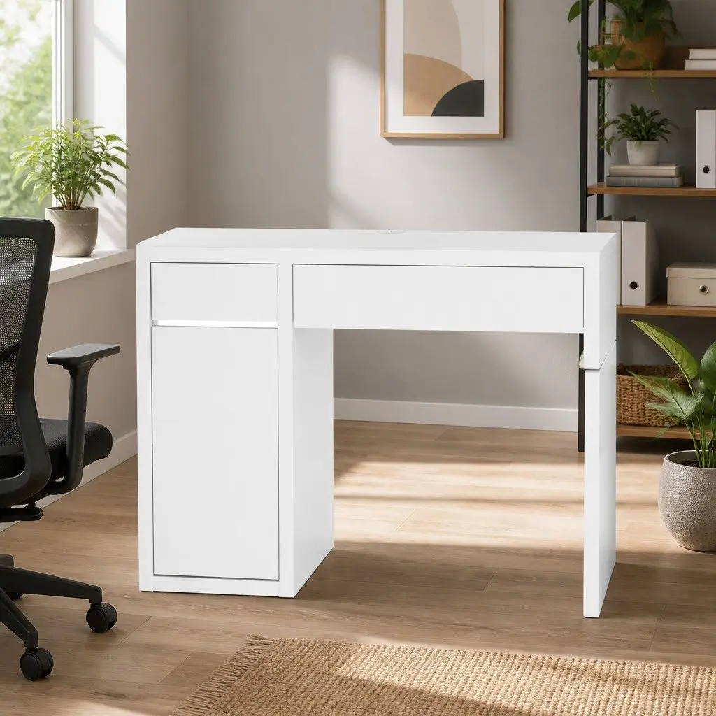 White Computer Desk with 2 Drawers and Cabinet