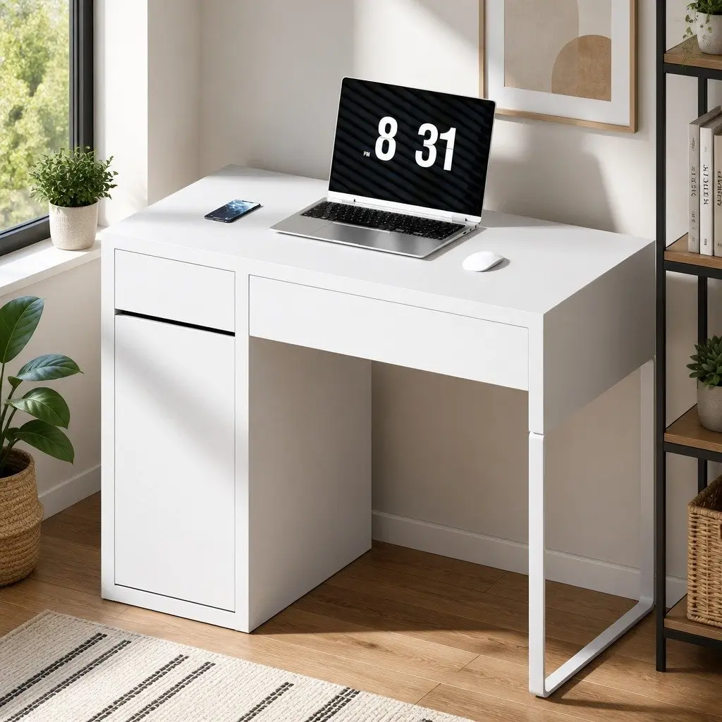 White Computer Desk with 2 Drawers and Cabinet