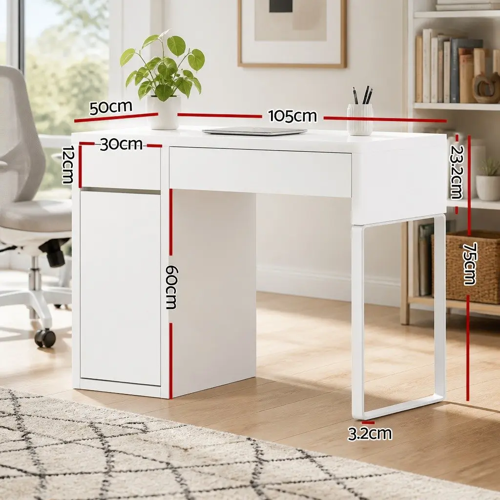 White Computer Desk with 2 Drawers and Cabinet