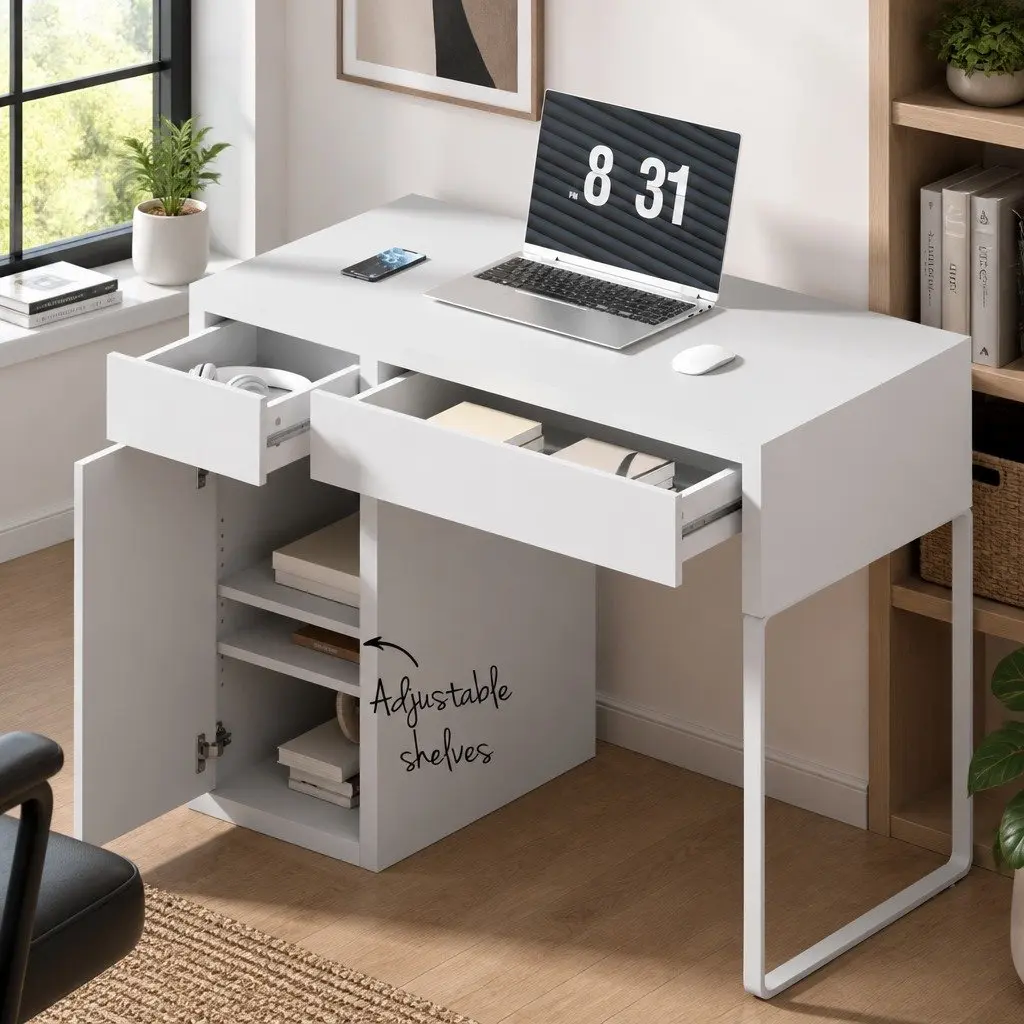 White Computer Desk with 2 Drawers and Cabinet