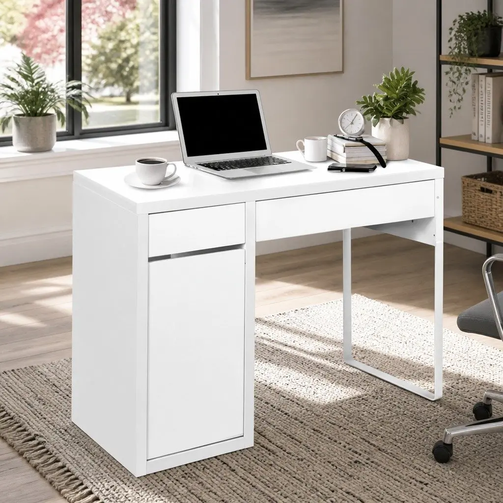 White Computer Desk with 2 Drawers and Cabinet