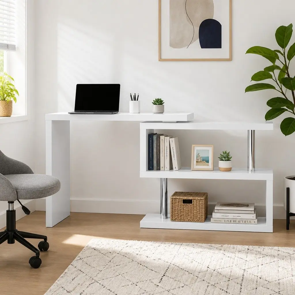 L-Shape Computer Desk with Rotatable Shelf