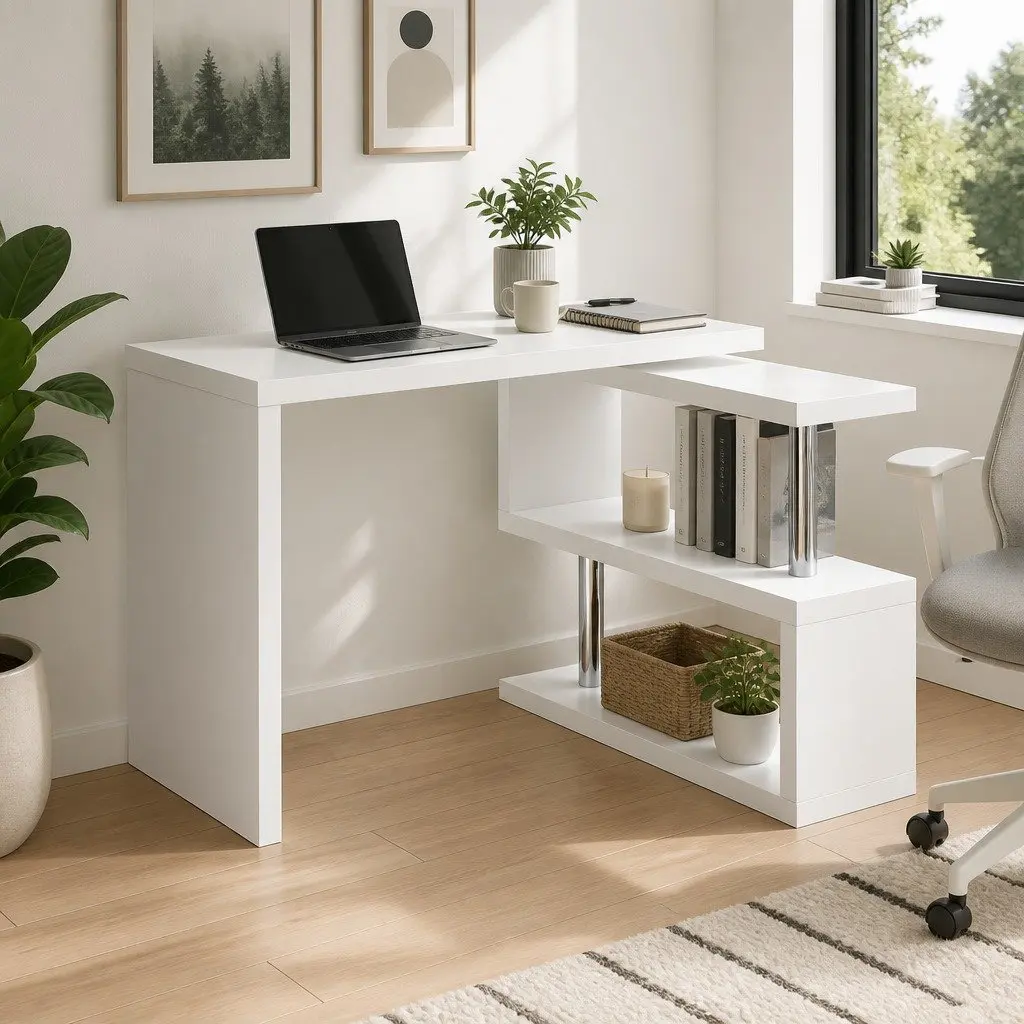 L-Shape Computer Desk with Rotatable Shelf