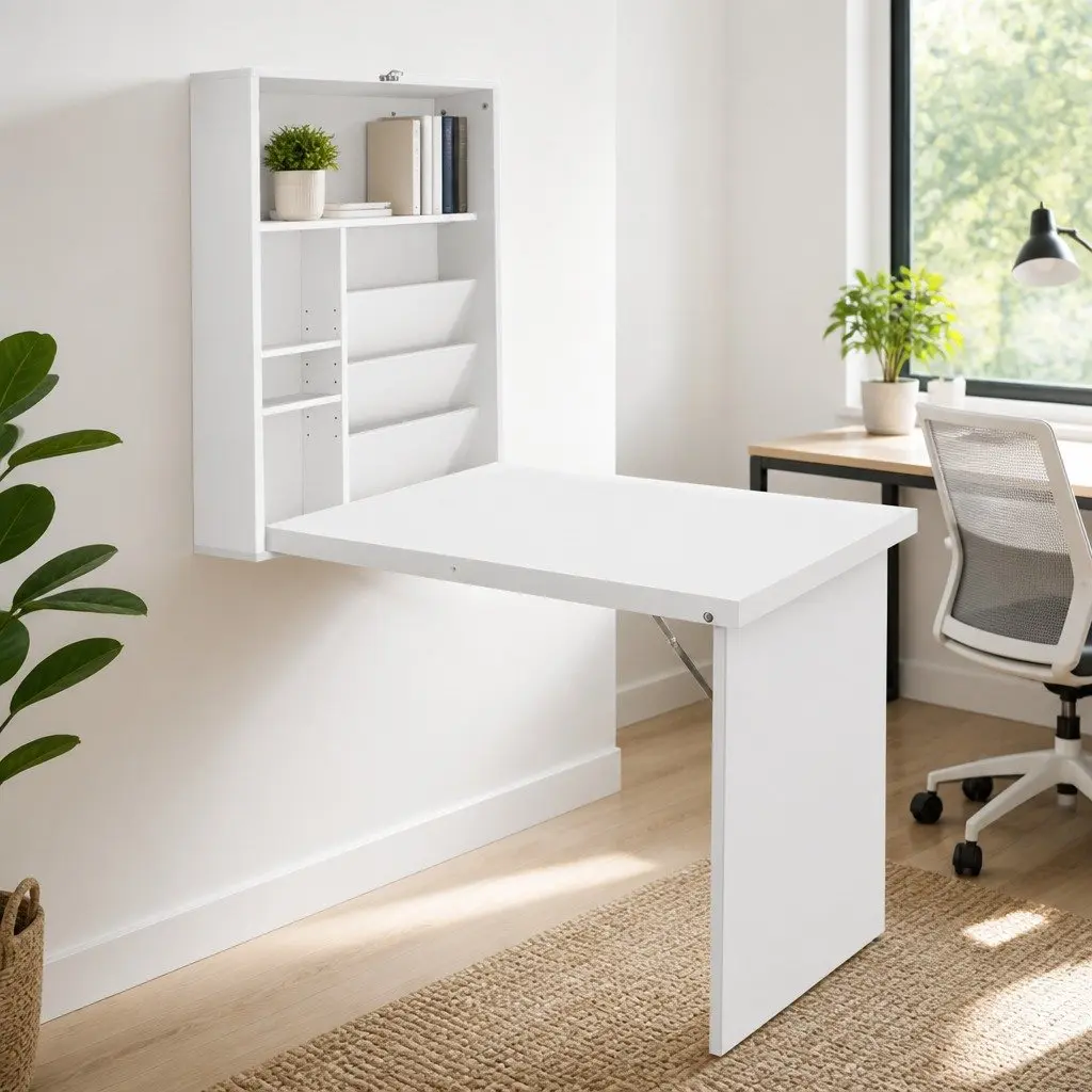 Foldable Wall-Mounted Computer Desk with Bookcase